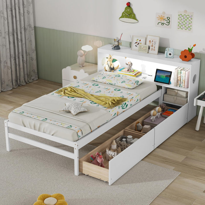 Giantex Wood Twin Bed Frame with Storage Drawer &amp; Headboard, Modern Platform Bed with Charging Station &amp; LED Light