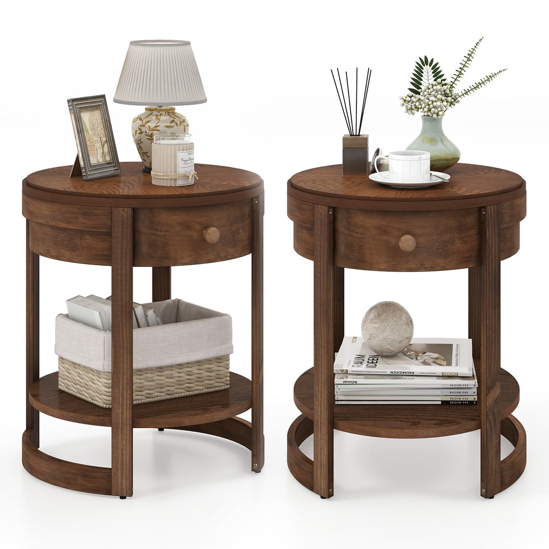Giantex Round Side Tables Set of 1/2 | 2-Tier Retro End Tables with Drawer &amp; Shelf