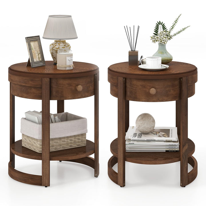 Giantex Round Side Tables Set of 1/2 | 2-Tier Retro End Tables with Drawer &amp; Shelf