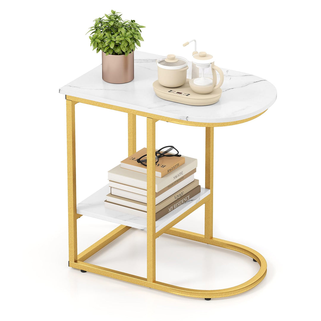 Giantex C Shaped End Table with Faux Marble Tabletop and Storage Shelf