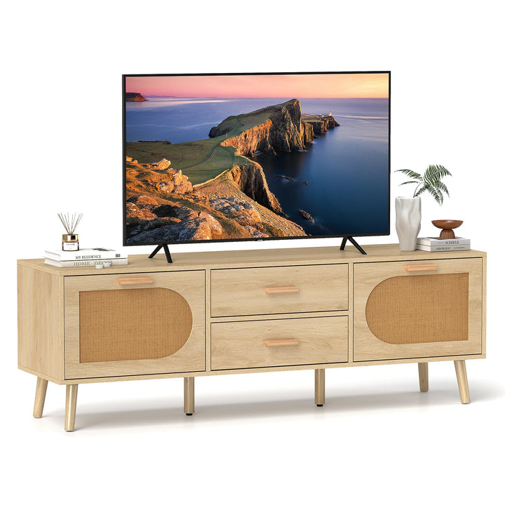 Giantex Rattan TV Stand for TVs up to 65 Inch, 59" TV Console Cabinet with Drawers &amp; Solid Wood Legs