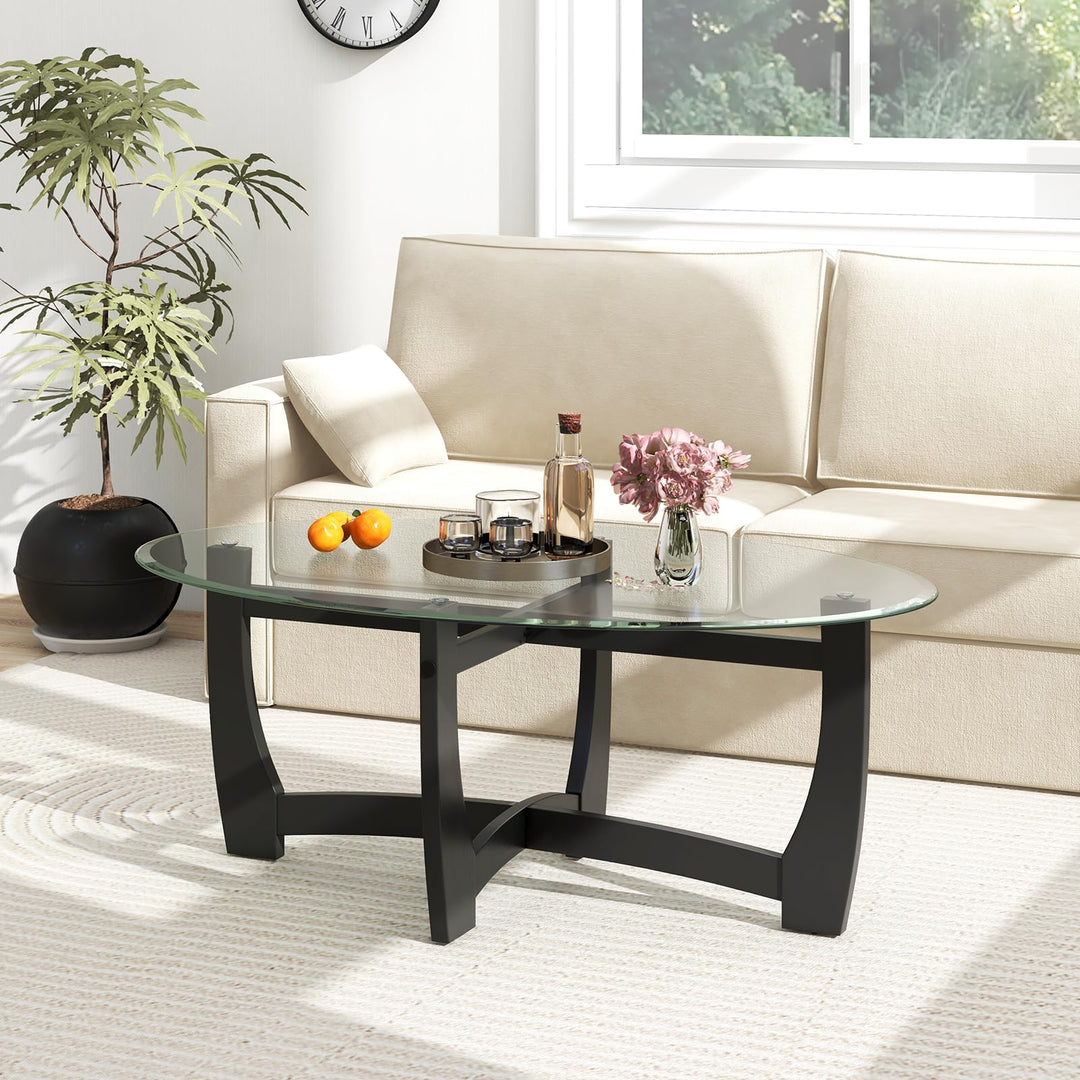 Giantex Glass Coffee Table, 48" Oval Accent Tea Table with Tempered Glass Top &amp; Solid Wood Structure