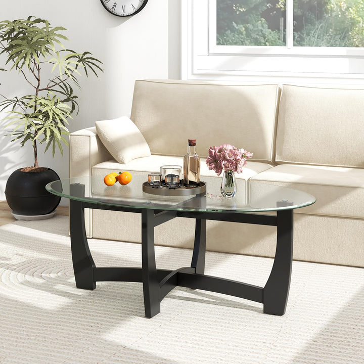 Giantex Glass Coffee Table, 48" Oval Accent Tea Table with Tempered Glass Top &amp; Solid Wood Structure