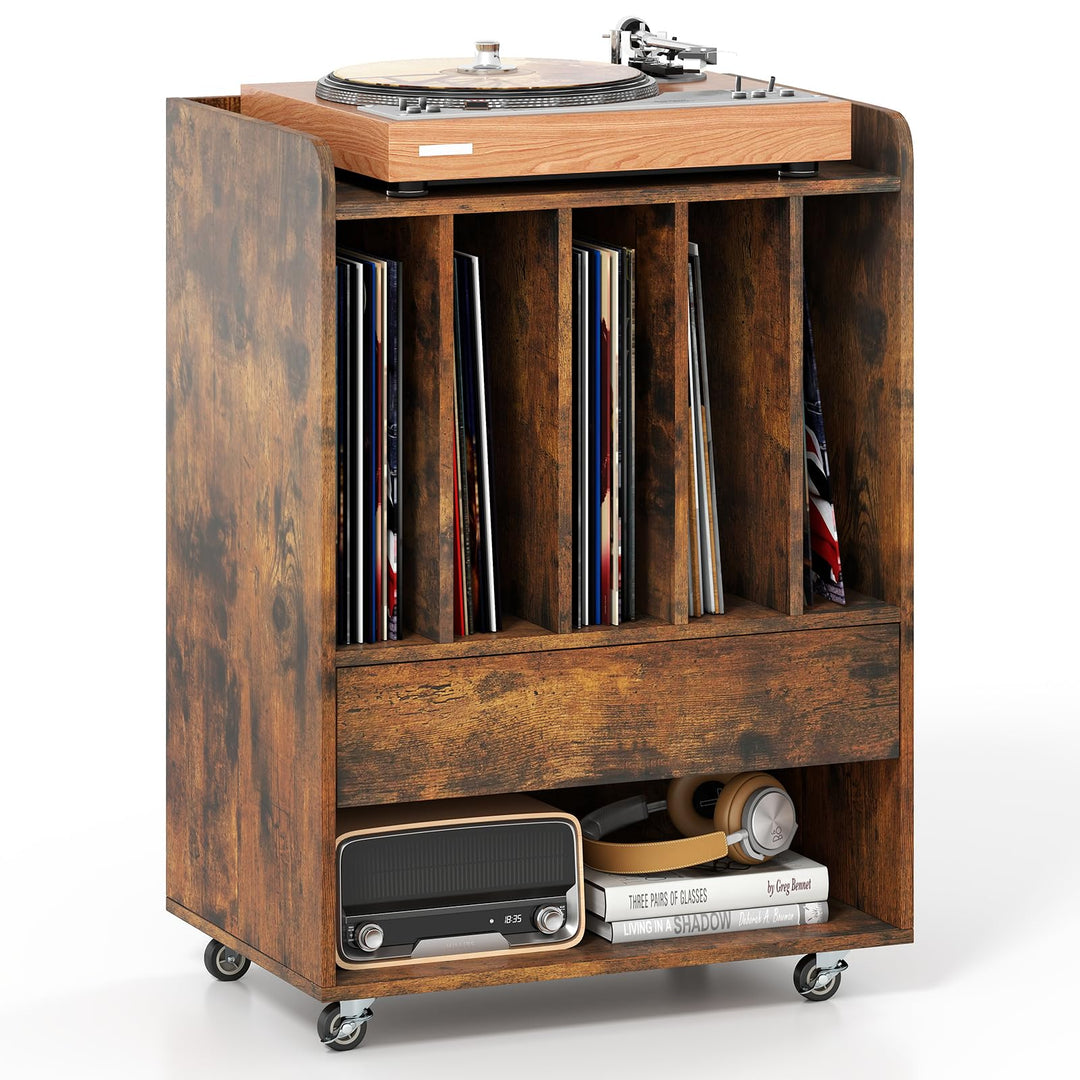 Giantex Record Player Stand Rolling Turntable Stand with Drawer &amp; Lockable Wheels