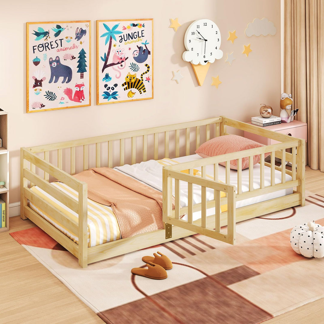 Giantex Twin Floor Bed with High Fence &amp; Door