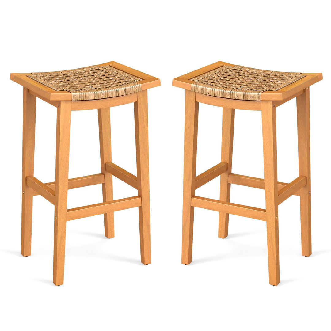 Giantex Outdoor Wooden 29" Bar Stools Set of 2/4 Backless Patio Barstools with PE Rattan Saddle Seat &amp; Footrest