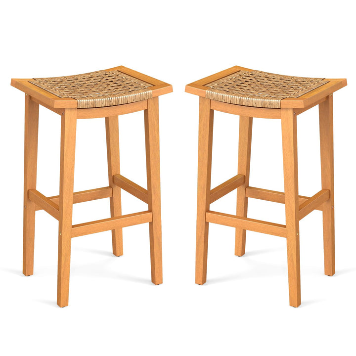 Giantex Outdoor Wooden 29" Bar Stools Set of 2/4 Backless Patio Barstools with PE Rattan Saddle Seat &amp; Footrest
