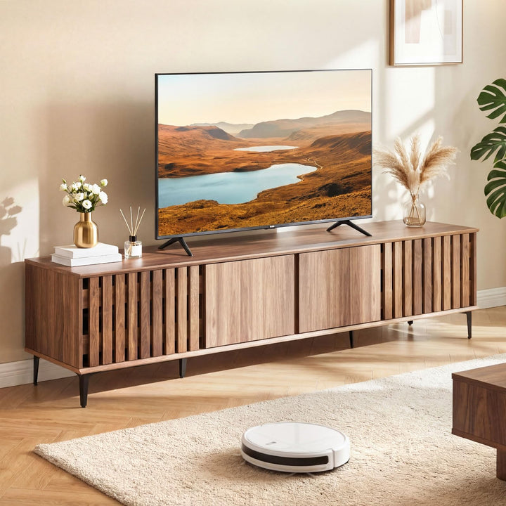 Giantex 4-Door Slatted TV Stand for 80 Inches TVs for Living Room Bedroom
