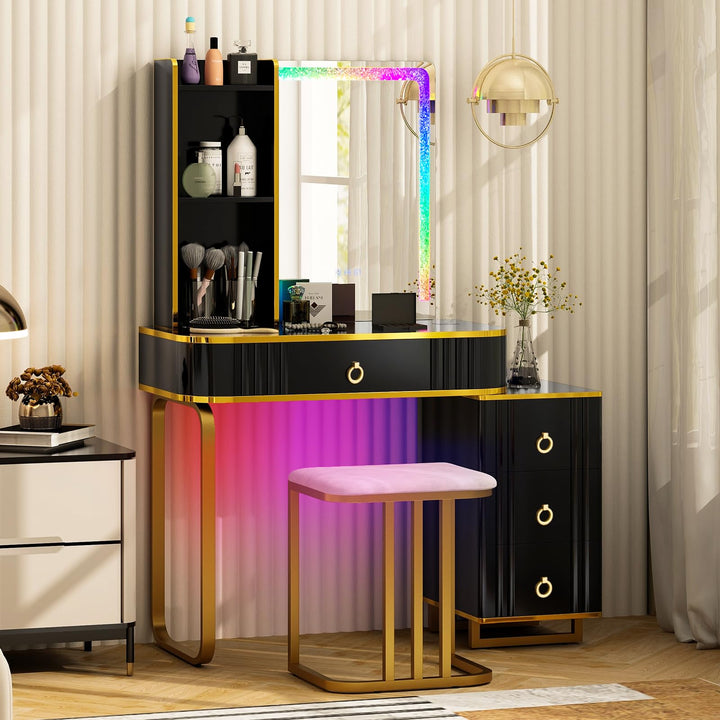 CHARMAID RBG LED Makeup Vanity Table, Colorful Lighted Mirror, 7 Dynamic &amp; 7 Static Modes, 3-Drawer Chest