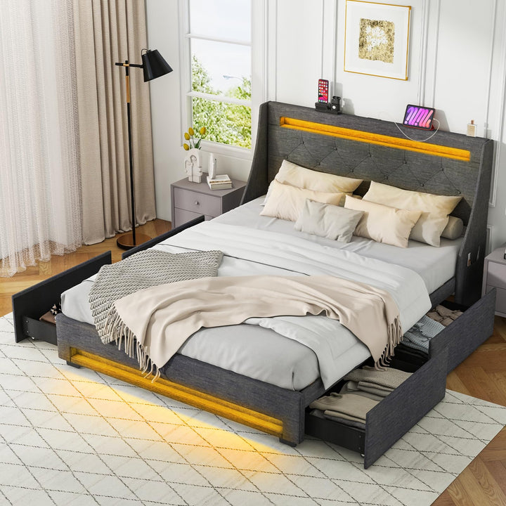 Giantex Full Size Bed Frame with LED Lights &amp; Charging Station, Upholstered Platform Bed with Wingback Headboard