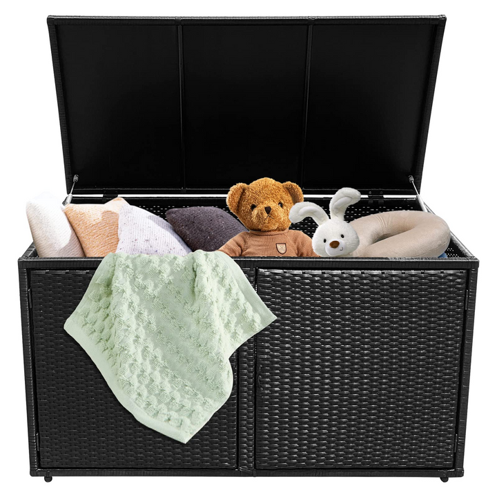 Rattan Deck Box Outdoor&amp;Indoor 88 Gallon Wicker Storage Bench W/Separate Storage Shelf