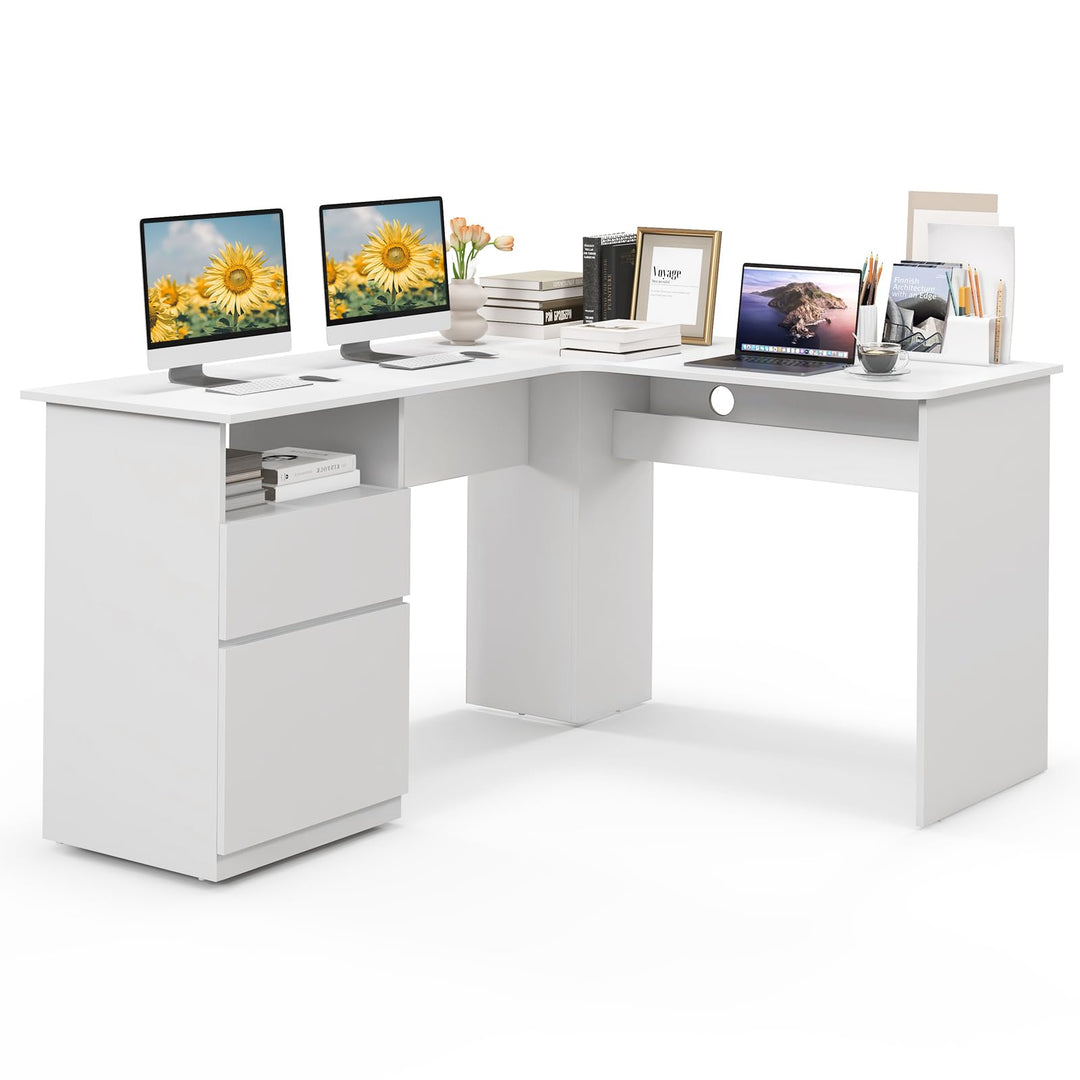 Giantex L Shaped Computer Desk with Drawers, 59" Corner Desk Workstation with Storage Shelf &amp; Cable Holes