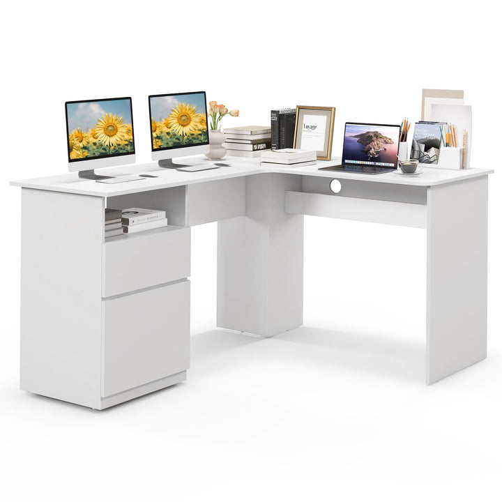 Giantex L Shaped Computer Desk with Drawers, 59" Corner Desk Workstation with Storage Shelf &amp; Cable Holes
