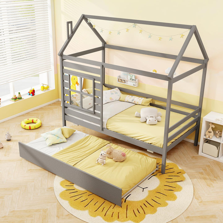 Giantex Twin House Bed with Trundle Bed Twin, Wooden Twin Bed Frames with Roof, Chimney &amp; Window