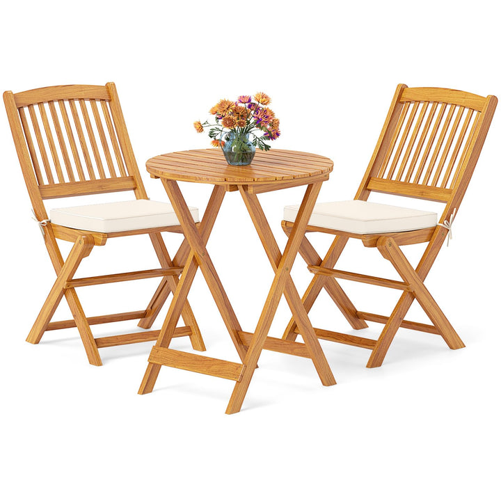 Giantex Patio Bistro Set 3 Pieces, Outdoor Acacia Wood Folding Table &amp; Chairs Set with 2 Padded Cushions