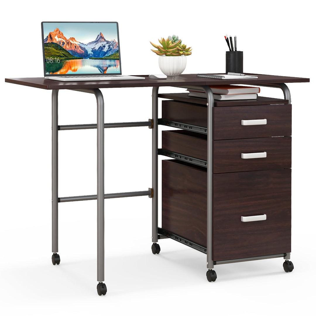 Giantex Folding Desk for Small Space, Rolling Home Office Desk with 3 Drawers &amp; Lockable Universal Wheels