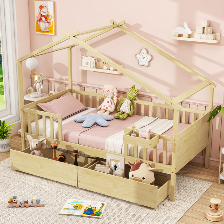 Giantex Twin House Bed with Drawers, Wooden Twin Bed Frame with Cube Storage &amp; Fence Rails