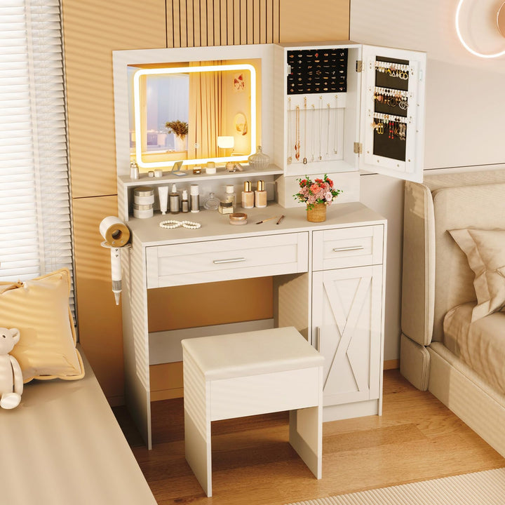 CHARMAID Vanity Desk with Mirror and Lights, Jewelry Storage Cabinet, Farmhouse White Makeup Vanity Desk with Charging Station