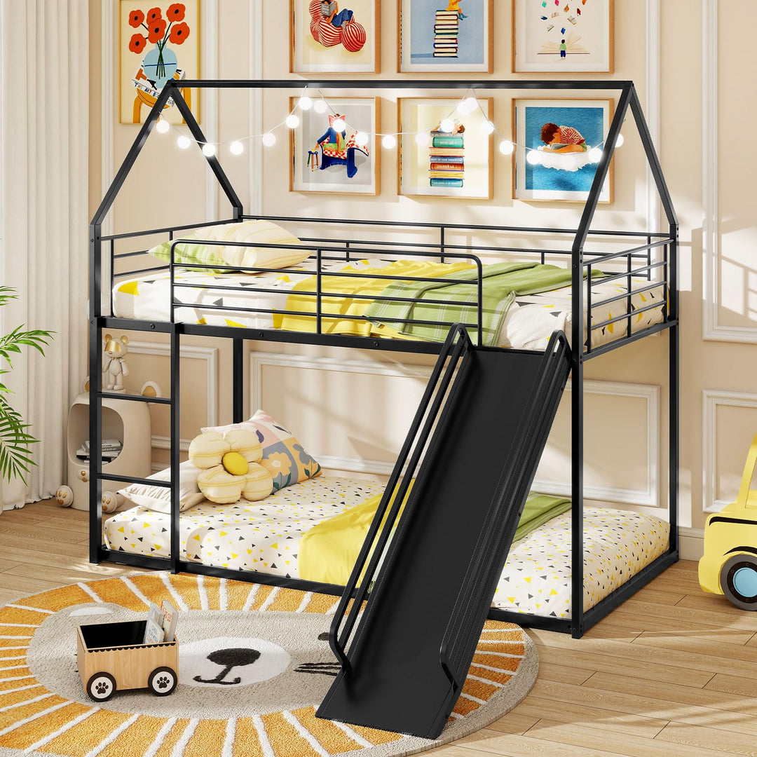 Giantex Twin Over Twin Bunk Bed with Slide &amp; Ladder House-Shaped Metal Bunk Bed Frame with Safety Guardrail &amp; Roof