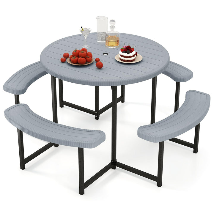 Giantex Round Picnic Table Bench Set with 4 Benches and Umbrella Hole for Patio Lawn