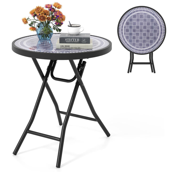 Giantex Folding Outdoor Side Table - 18” Round End Table with Tempered Glass Tabletop &amp; Metal Frame