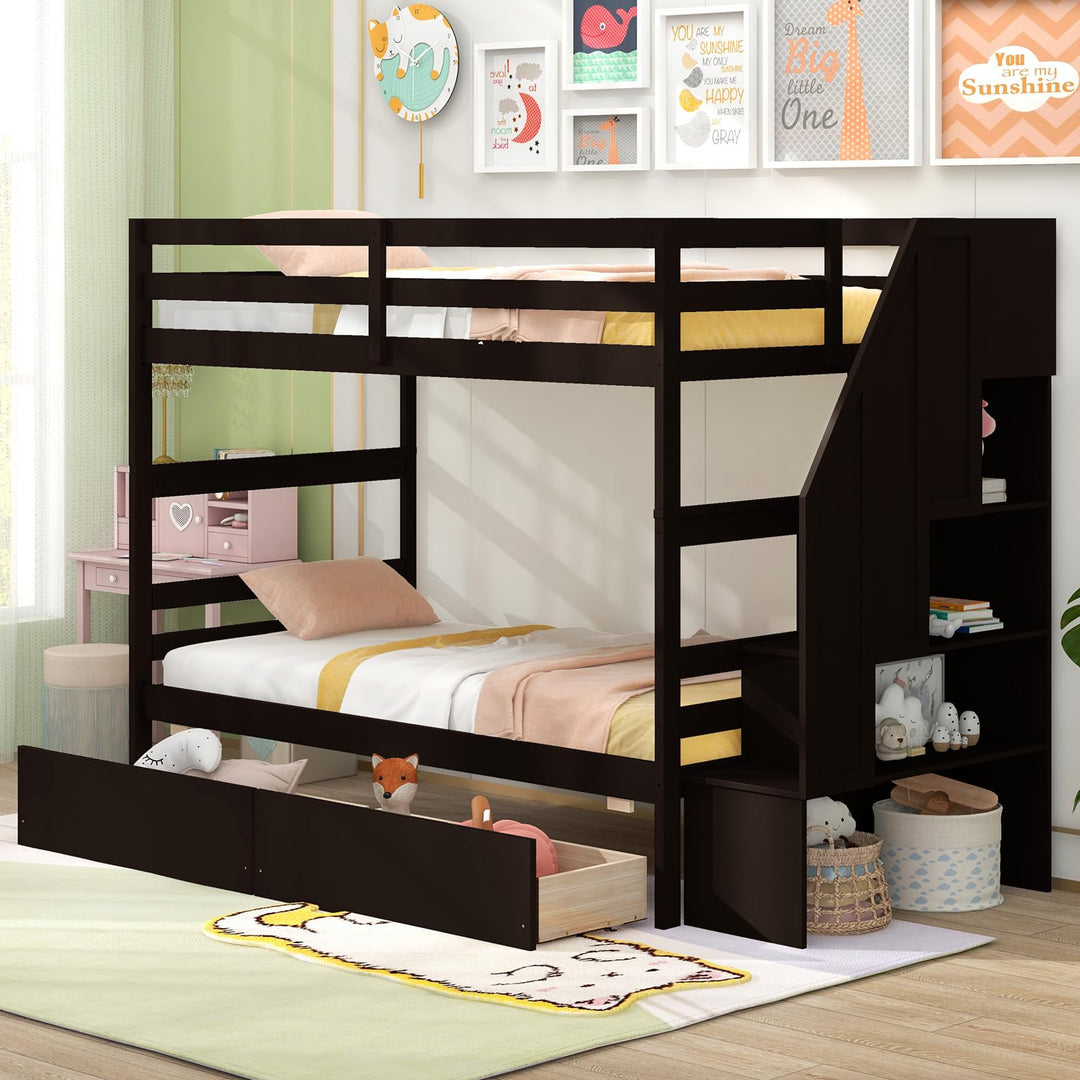Giantex Bunk Bed Twin Over Twin with Storage Stairs &amp; Drawers, Solid Wood Bunk Bed with Full-Length Guardrails