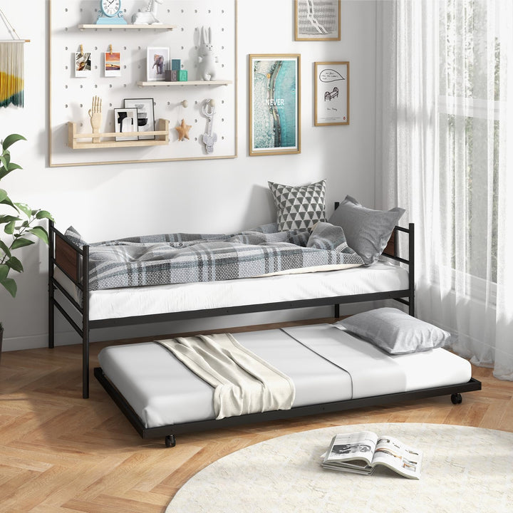 Giantex Metal Daybed with Trundle, Twin Size Day Bed with Wood Grain Headboard &amp; Metal Slat Support
