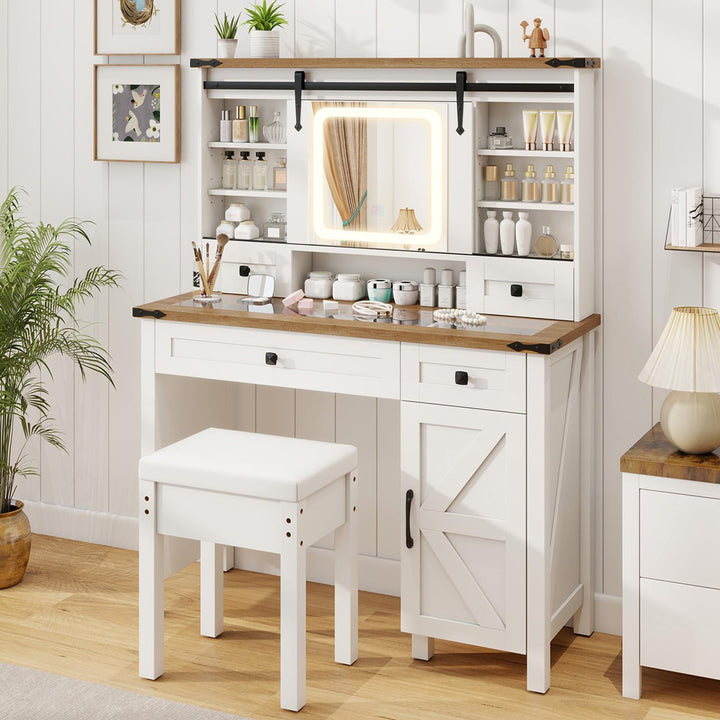 CHARMAID Farmhouse Vanity Desk with Barn-Style Sliding Mirror, Lights &amp; Stool (42" Wide,White &amp; Brown)