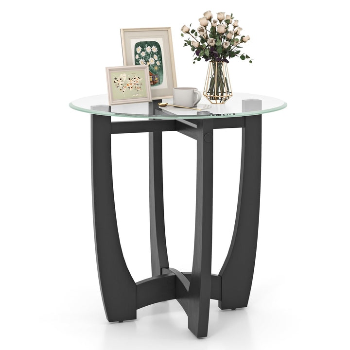 Giantex Glass End Table, Round Side Table with Rubber Wood Frame &amp; Tempered Glass Top, 23.5" Small Black Coffee Table