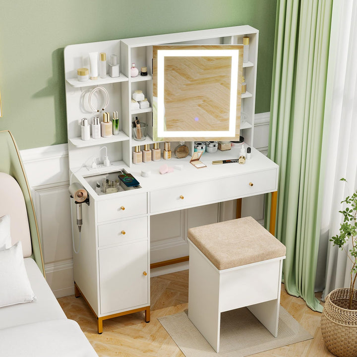 CHARMAID Vanity Desk with Mirror and Lights, White Makeup Vanity Table with Transparent Glass Tabletop