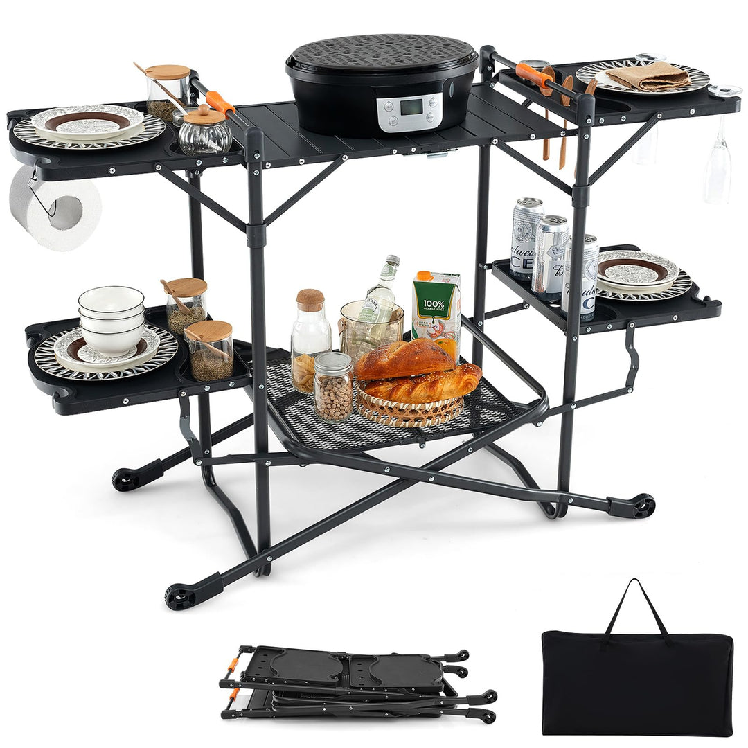 Giantex Camping Cooking Table, Folding Grill Table with Aluminum Tabletop, 4 Side Tables, Storage Rack