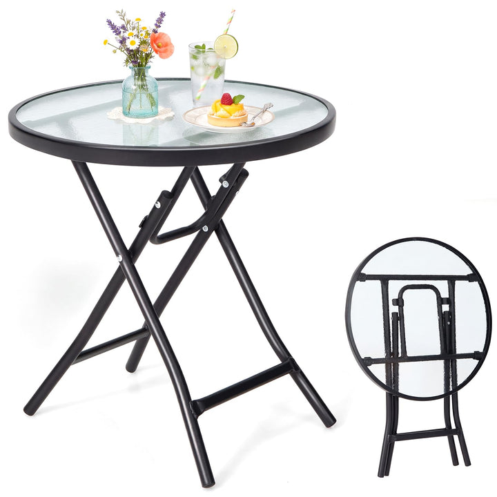 Giantex Round Folding Side Table w/Tempered Glass Tabletop &amp; Metal Frame (1/2)