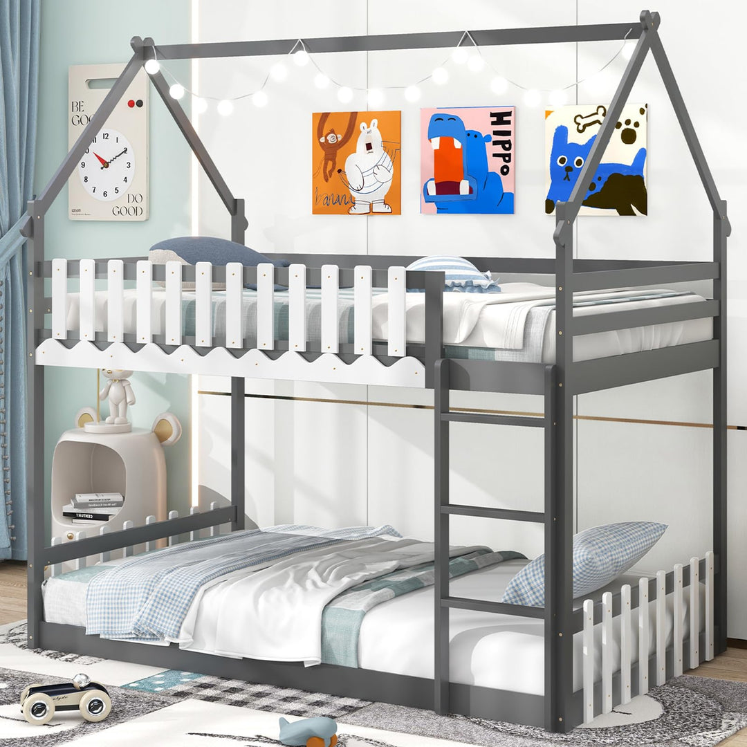 Giantex Bunk Bed Twin Over Twin, Wood House Low Bunk Bed with Ladder &amp; Fence Safety Guardrail