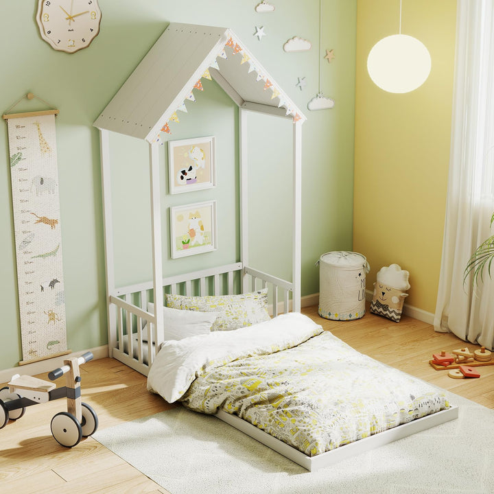 Giantex Twin Size House Bed Montessori Floor Bed with House Shape Roof &amp; Semi-Fence