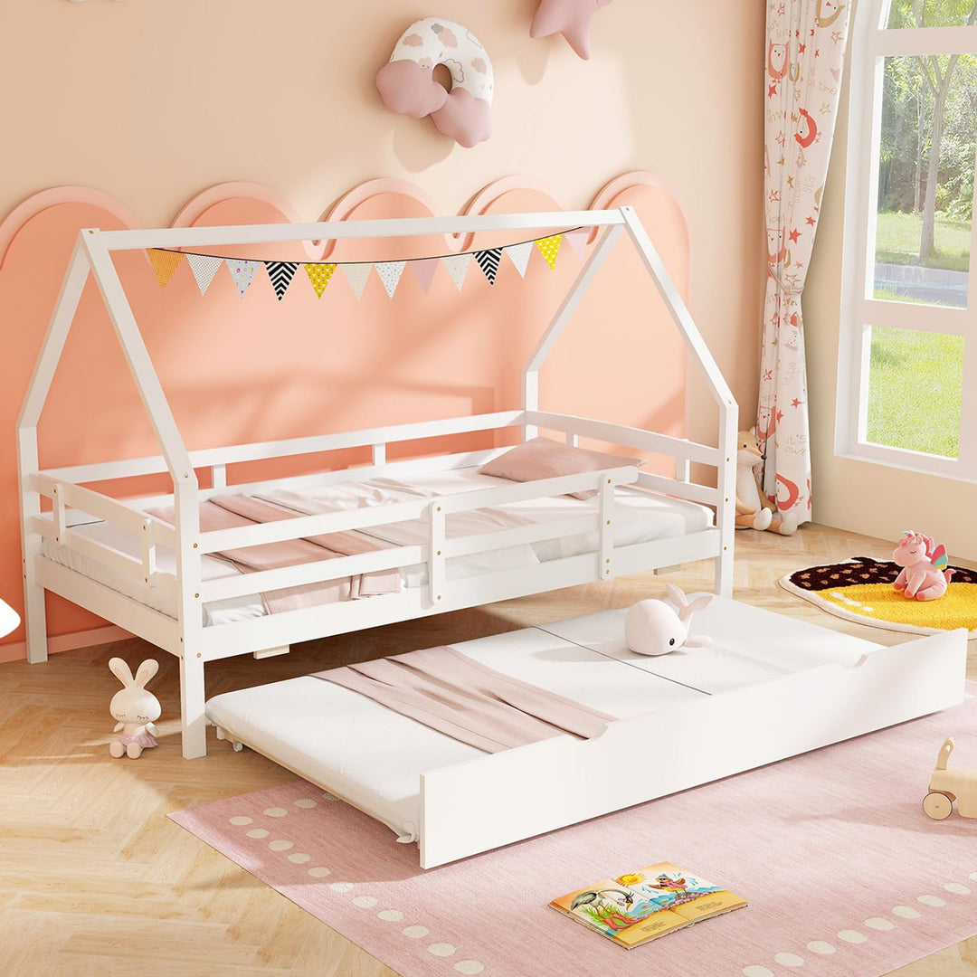Giantex Twin House Bed with Trundle, Wood Kids Bed Frame with Roof &amp; Fence Rails