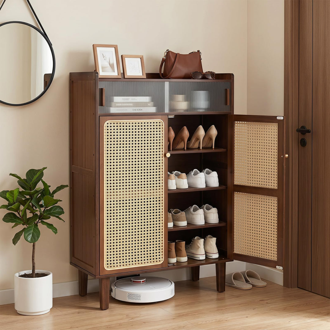 Giantex Bamboo Shoe Cabinet w/Woven Rattan Doors