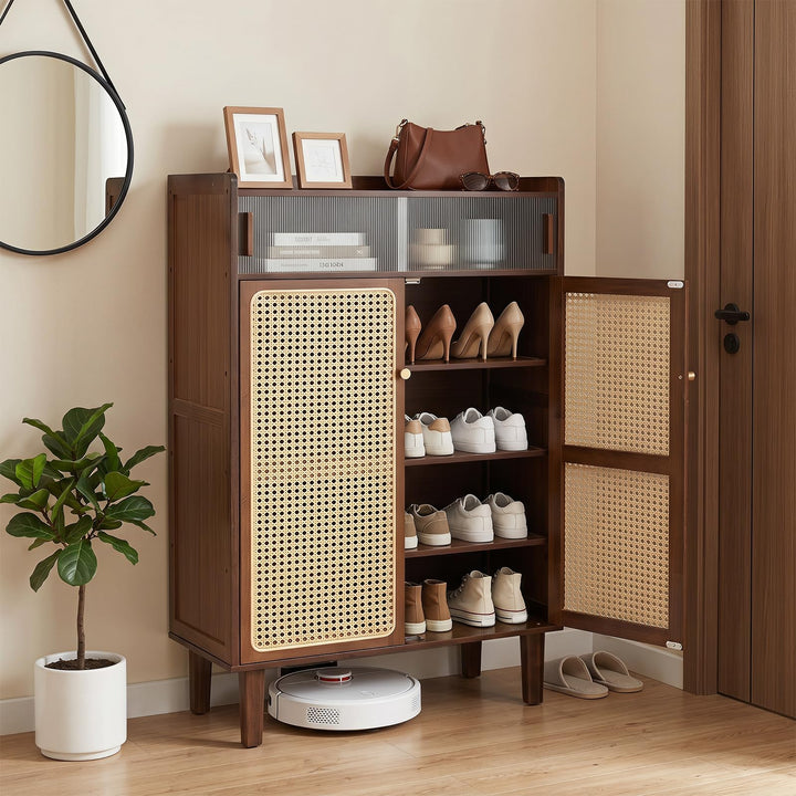 Giantex Bamboo Shoe Cabinet w/Woven Rattan Doors