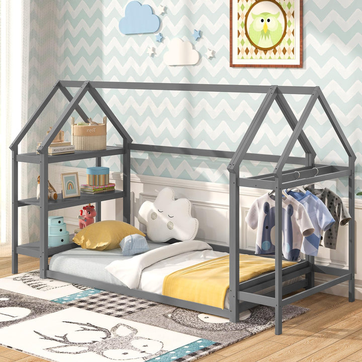 Giantex Twin Floor Bed, Wood Montessori Floor Bed with Detachable 3 Tier Storage Bookshelf &amp; Clothes Rack