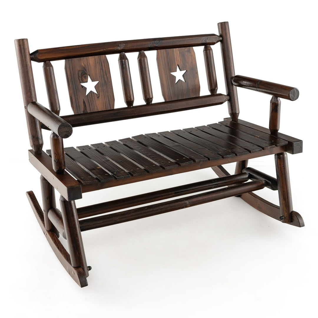 Giantex Outdoor Rocking Bench, Patio Loveseat Rocker for 2 w/Ergonomic Back &amp; Log Arms, Carbonized Fir Wood Frame
