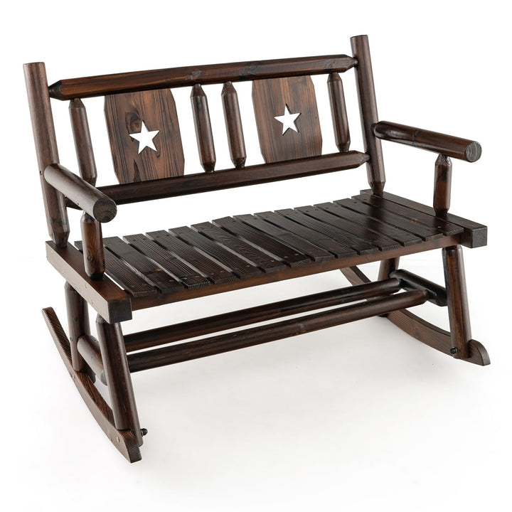 Giantex Outdoor Rocking Bench, Patio Loveseat Rocker for 2 w/Ergonomic Back &amp; Log Arms, Carbonized Fir Wood Frame