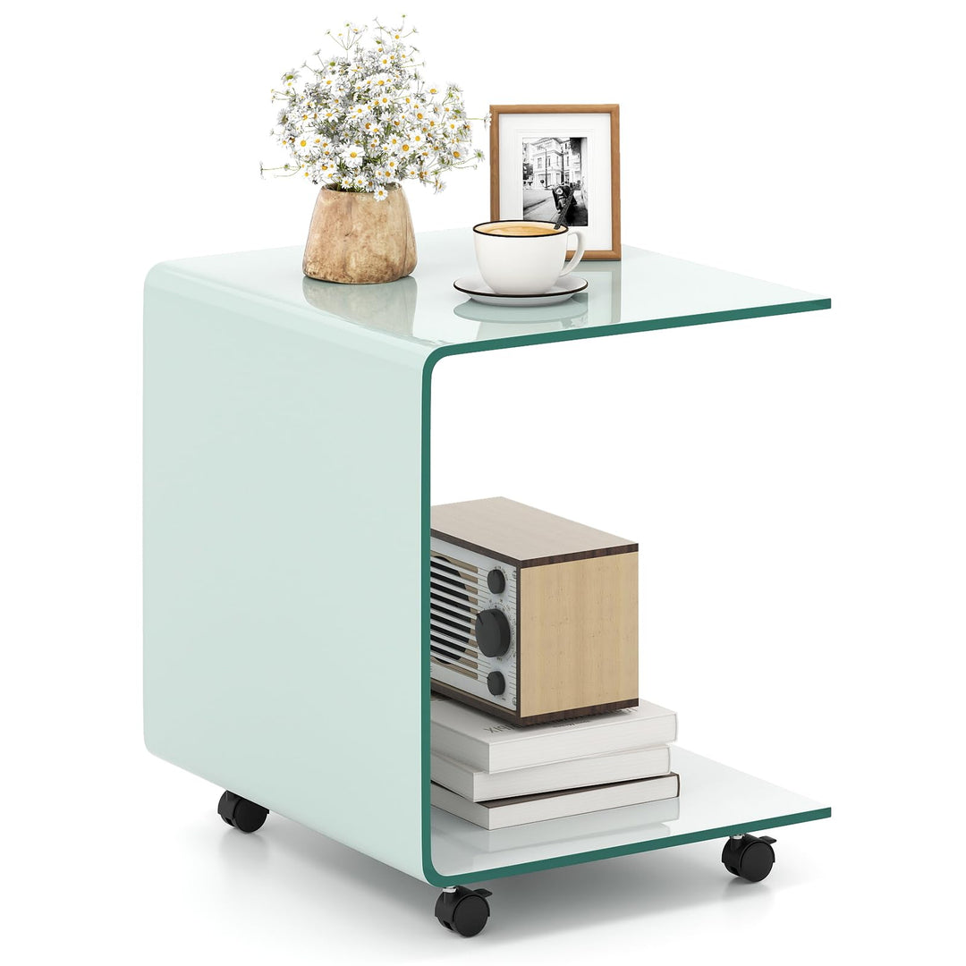 Giantex C-Shaped End Table with Wheels - Mobile Tempered Glass Sofa Couch Side Table w/2-Tier Storage Shelf