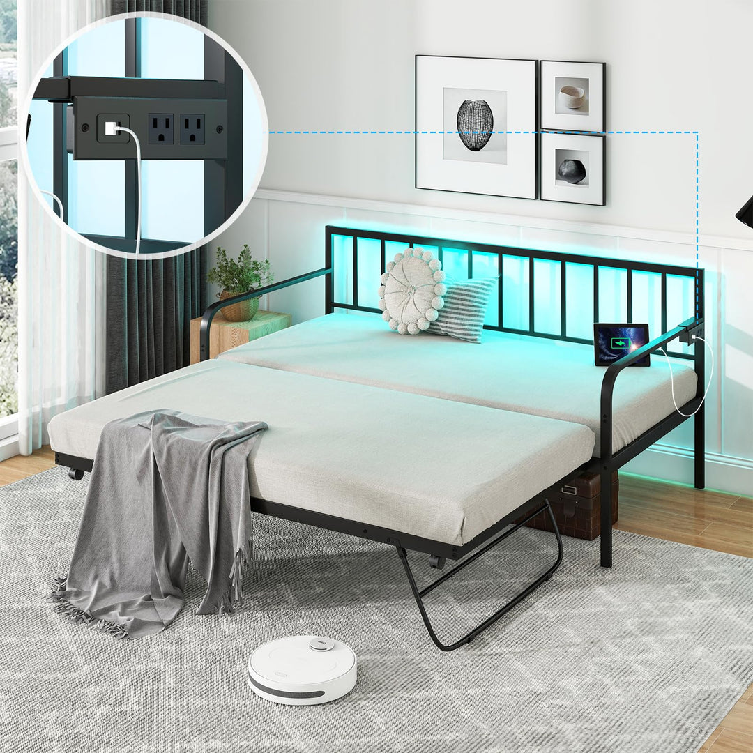 Giantex Twin Daybed with Trundle, Metal Day Bed with Charging Station &amp; LED Lights