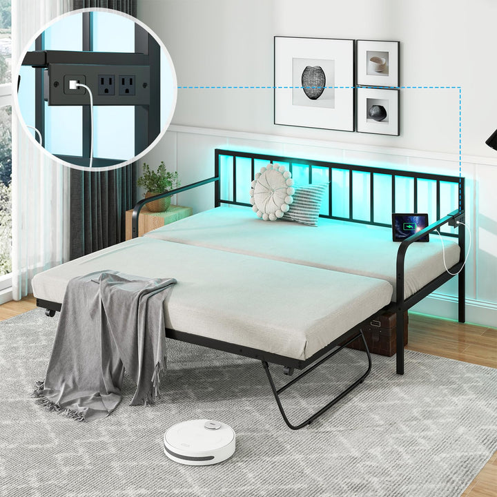 Giantex Twin Daybed with Trundle, Metal Day Bed with Charging Station &amp; LED Lights