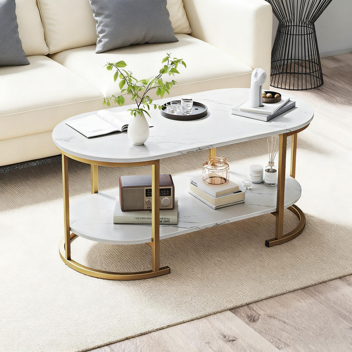 Giantex 2-Tier Coffee Table Oval Center Table with Wood Grain Top &amp; Open Storage Shelf
