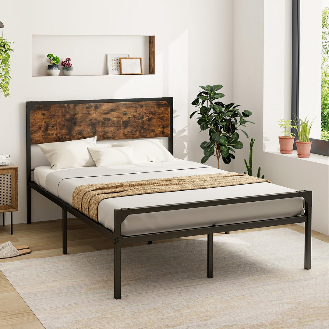 Giantex Full Size Bed Frame with Rustic Headboard &amp; Footboard, Strong Metal Slat Support Mattress Foundation