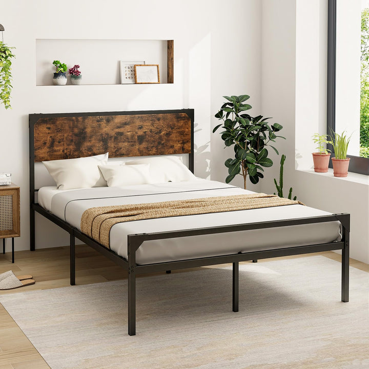 Giantex Full Size Bed Frame with Rustic Headboard &amp; Footboard, Strong Metal Slat Support Mattress Foundation