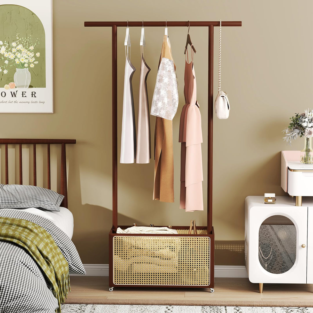 Giantex Bamboo Clothes Rack 2-In-1 Clothing Hanging Rail for Hallway Living Room Bedroom