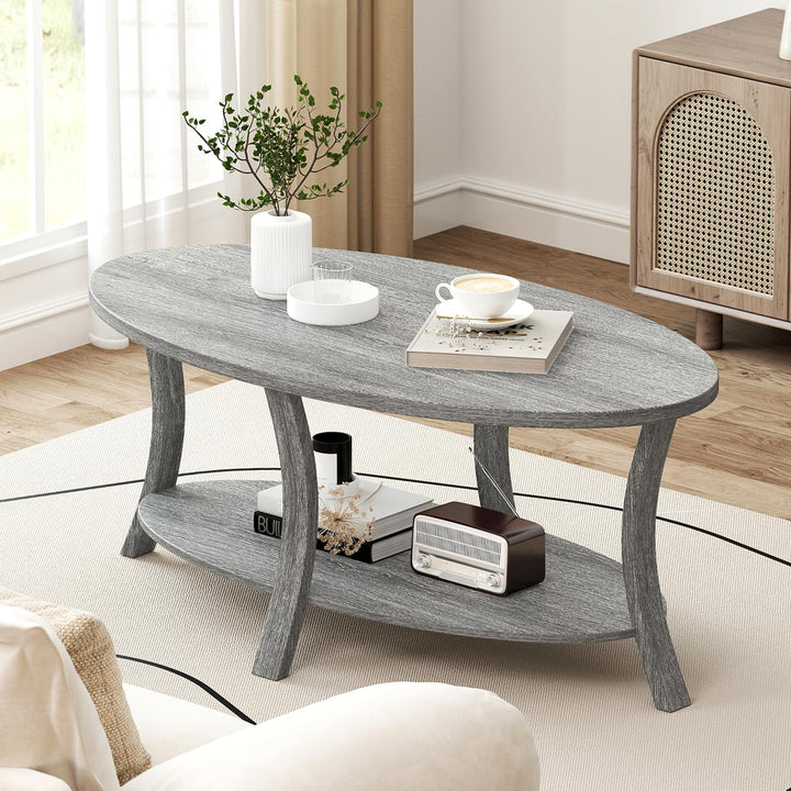 Giantex 44 Inch Oval Coffee Table 2-Tier Center Table with Storage Shelf &amp; Rubber Wood Frame