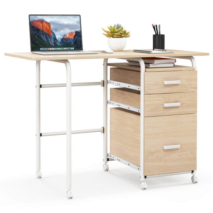 Giantex Folding Desk for Small Space, Rolling Home Office Desk with 3 Drawers &amp; Lockable Universal Wheels