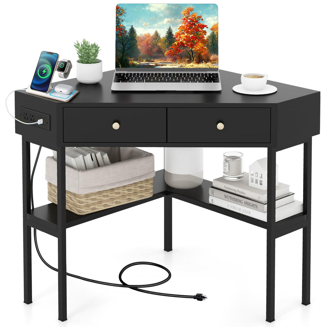 Giantex Corner Desk with Charging Station, 90 Degree Triangle Computer Desk with 2 Drawers &amp; Storage Shelf